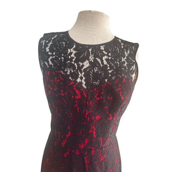 Milly Black Red Lace Sleeveless Midi Dress Size 10 Made in USA Floral Overlay Co - Picture 4 of 12